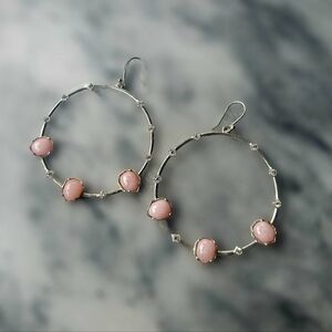 Elegant Sterling Silver and Pink Opal Hoop Earrings With Crystal Details